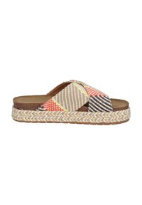 Sandalia de deslizamiento tejida con tiras de textil multicolor, con suela de cuerda de yute y plantilla plana. Los colores incluyen crema, negro y acentos neón.