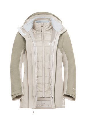 Giacca soft-shell con corpo principale di un beige chiaro, maniche verdi e fodera interna trapuntata. Presenta una zip completa e un cappuccio regolabile.