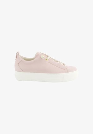 Light pink low-top sneaker with white thick sole and knotted cream-colored laces, viewed from the side on a white background.