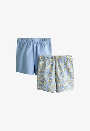 Dos pares de pantalones cortos: uno en azul claro liso y el otro con un estampado floral en azul y amarillo. Ambos cuentan con una cintura elástica.