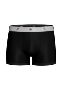 Boxers noirs pour hommes avec une ceinture élastique gris clair comportant des logos "M1" répétés.