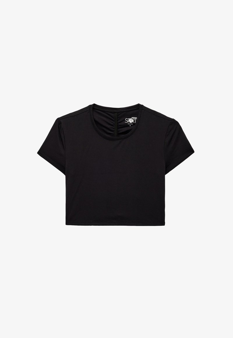 Camiseta negra corta hecha de tejido elástico, con mangas cortas, un escote redondeado y un sutil detalle en la parte posterior con una abertura estrecha.