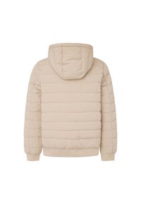 Chaqueta acolchada beige con capucha, que presenta líneas de acolchado horizontales y puños acanalados. Textura suave con un corte relajado.