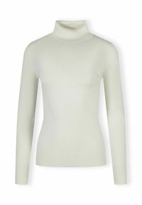 Vaaleancreme turtleneck-pusero, joka on valmistettu pehmeästä, ribatusta materiaalista; kapea malli, jossa on pitkät hihat ja teksturoitu helmus. Ei kuvioita tai yksityiskohtia.