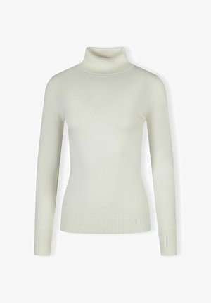 Lys cremefarvet sweater med rullekrave lavet af blødt, ribbet materiale; tætsiddende design med lange ærmer og tekstureret kant. Ingen mønstre eller detaljer.