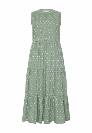 Robe midi sans manches vert clair à pois rectangulaires blancs, avec boutons sur le devant, jupe à volants et encolure ronde avec petite découpe en V.