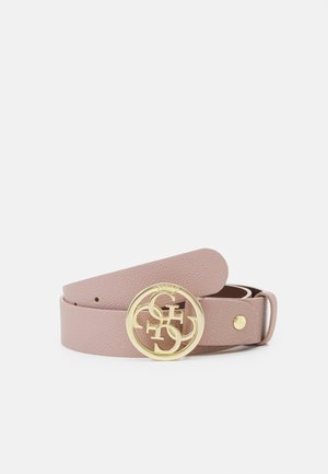 Light pink textured leather belt with round gold buckle featuring intertwined letters as logo detail on a plain white background.