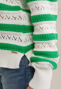 Grön- och vitrandig stickad tröja med hålstickning, ribbade manschetter och en etikett som säger "HAPPY DAY". Mjuk textur, avslappnad passform.