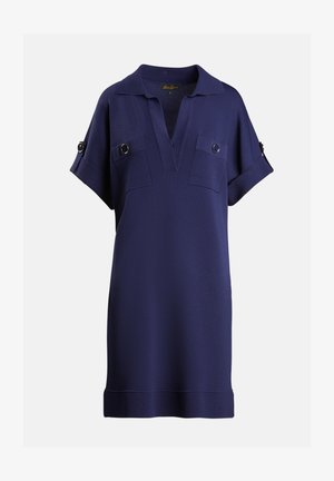 Navy blue dress with a collared neckline, short sleeves, chest pockets, and decorative buttons on the sleeves; textured fabric.