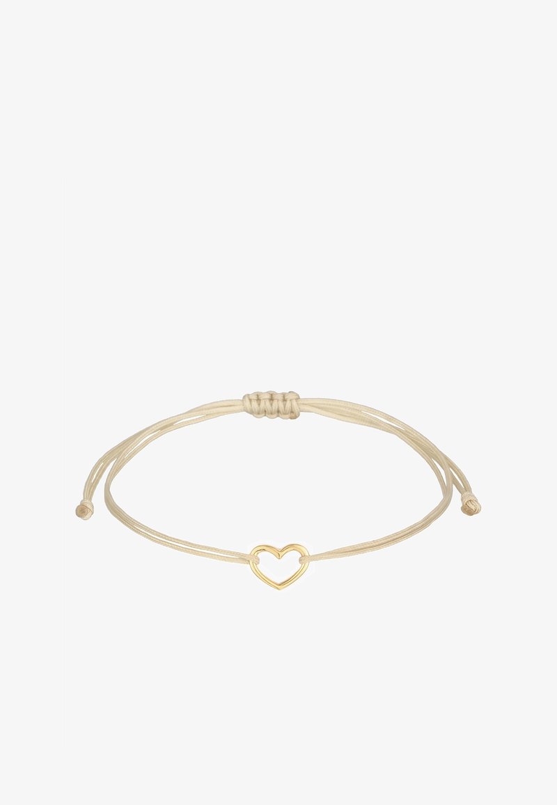 Bracelet réglable en cordon beige avec un petit pendentif cœur ouvert doré au centre et fermeture à nœud coulissant.