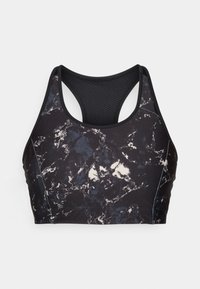 Svart sportsbh med marmor-mønster i nyanser av svart og hvitt, med racerback-design og teksturert mesh-fôr.