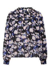Langärmlige Bluse in Schwarz mit floralem Muster in Blau und Hellrosa. Rüschenausschnitt mit einer Knopfleiste auf der Rückseite.