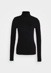 Schwarzes Langarm-Top mit Rollkragen aus glattem, elastischem Stoff, figurbetontem Schnitt und hohem Kragen, ohne sichtbare Muster oder Akzente.