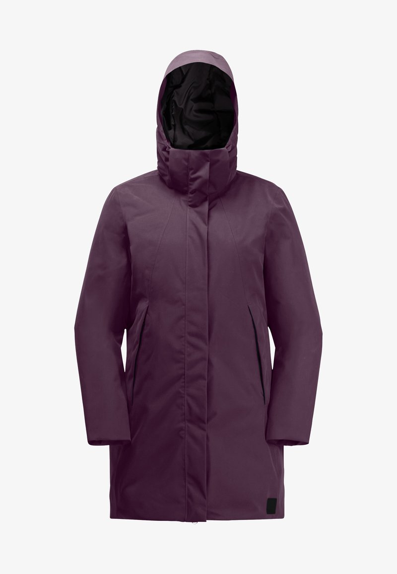 Lila, wasserdichte Jacke mit Kapuze, hohem Kragen und Seitentaschen mit schwarzen Akzenten. Glatte Textur und gerader Schnitt.