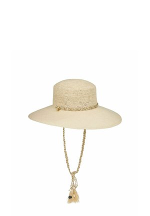 Wide-brimmed beige straw hat with braided band and chin strap adorned with decorative tassels and beads.
