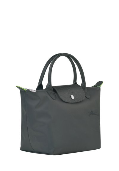 Gray nylon tote bag with leather accents, double handles, and a fold-over flap featuring a snap closure. Green zipper detail.