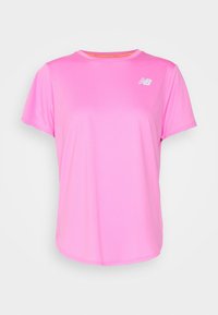 Short-sleeve athletic t-shirt in bright pink. Features a round neckline, lightweight fabric, and a small white logo on the chest.