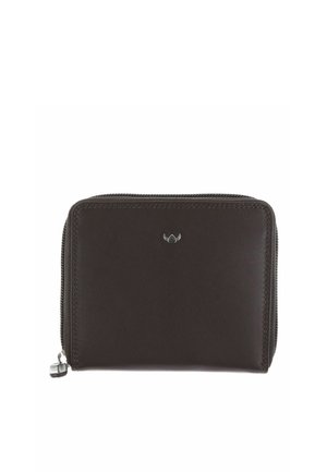 Portefeuille compact en cuir marron foncé avec une fermeture éclair et un petit emblème ailé argenté centré sur le devant.