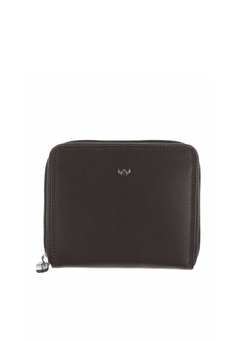 Kompakte dunkelbraune Lederbrieftasche mit Reißverschluss und einem kleinen silbernen Flügel-Emblem mittig auf der Vorderseite.