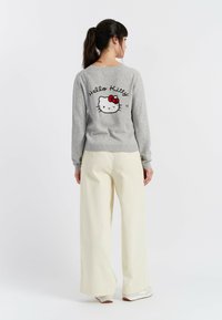 Maglione grigio con scollatura rotonda, caratterizzato da un design ricamato di Hello Kitty e testo sulla schiena. Abbinato a pantaloni larghi crema.