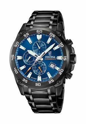 Orologio cronografo nero con quadrante blu, indicatori argentati, accenti arancioni e bracciale in acciaio inossidabile. Presenta la visualizzazione della data e resistenza fino a 20 bar.