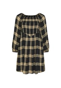 Vestido de cuadros negro y beige con escote cuadrado, busto con fruncido y mangas largas abullonadas. Diseño fluido con un ajuste relajado.