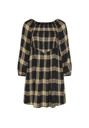 Zwart en beige geruite jurk met een vierkante halslijn, smock-borst en lange pofmouwen. Vloeiende uitstraling met een relaxte pasvorm.