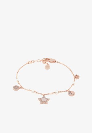 Bracciale oro rosa con stelle, charm circolari e perle. Presenta accenti texturizzati e una chiusura sicura per la lunghezza regolabile.