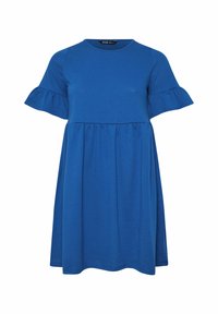 Blå kortärmad klänning med rund halsringning, volangärmar och draperad midja, tillverkad av mjukt, slätt tyg.