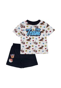 Graphic children's two-piece pajama set. Gray shirt with colorful dog prints and "One Team" text; navy blue shorts with character patches.