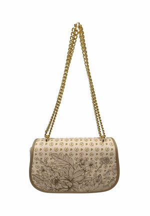 Borsa a tracolla beige con tracolla a catena dorata, stampata con il logo "P" ripetuto e dettagliate illustrazioni floreali marroni sulla patta frontale.