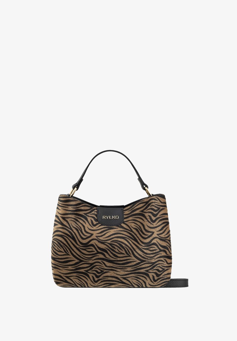 Zebra print handtas van zacht materiaal met een zwarte leren rand, voorzien van een platte schouderriem en een gouden logo-detail.