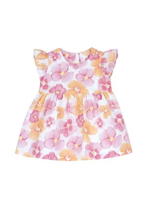 Abito per baby senza maniche con spalline a volant, caratterizzato da un motivo floreale rosa e arancione su uno sfondo bianco.