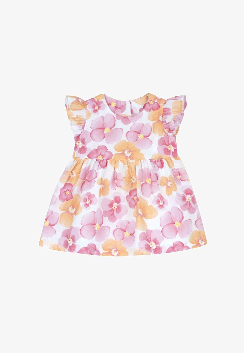 Robes sans manches pour bébé avec des épaules volantes, présentant un motif floral rose et orange sur fond blanc.