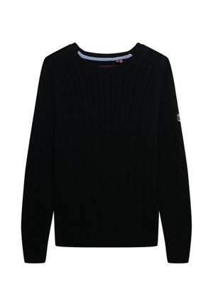 Zwarte gebreide trui met een gestructureerd kabelpatroon, ronde halslijn en geribbelde manchetten en zoom. Heeft een klein logo-label op de mouw.