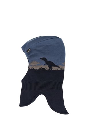 Blauer und dunkelblauer Winter-Balaklava mit schwarzer Dinosaurier-Silhouette und grauen Wolkenmustern an der Seite.