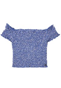 Haut bleu à épaules dénudées avec une texture smockée, des bords froncés et une coupe ajustée. Présenté avec un détail de logo à l'ourlet.