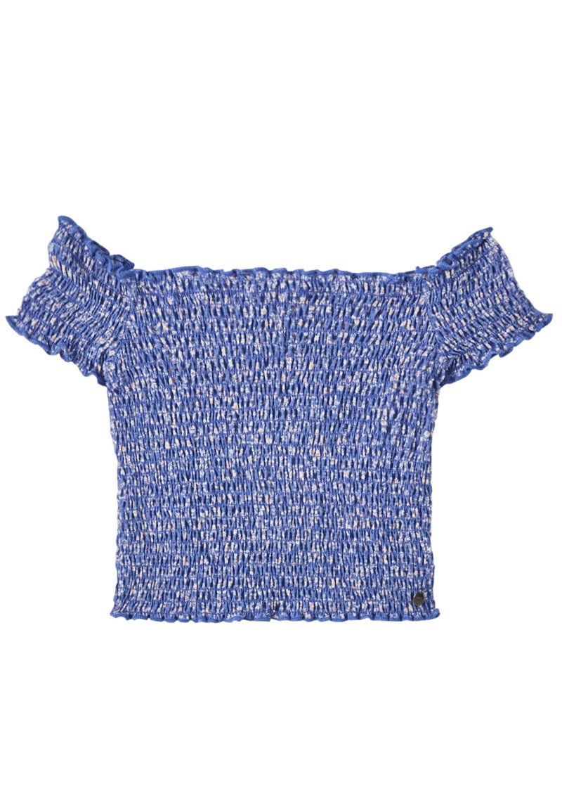 Haut bleu à épaules dénudées avec une texture smockée, des bords froncés et une coupe ajustée. Présenté avec un détail de logo à l'ourlet.