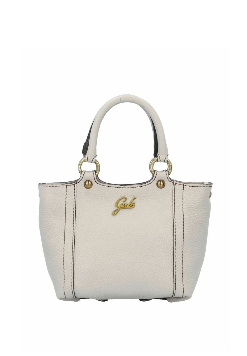 Sac à main en cuir blanc avec surface texturée, matériel doré et couture foncée. Présente des poignées arrondies et un détail de logo doré à l'avant.
