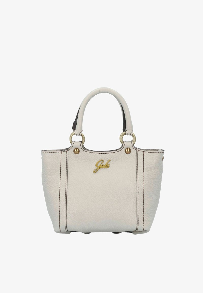 Sac à main en cuir blanc avec surface texturée, matériel doré et couture foncée. Présente des poignées arrondies et un détail de logo doré à l'avant.