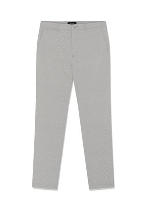 Hellgraue Herren-Slim-Fit-Hose mit Vordertaschen, Gürtelschlaufen und Knopfverschluss am Bund.