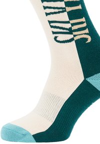 Ponožky s krémovým tělem a zelenými a světle modrými akcenty, ribkovanou strukturou a vytištěným textem v kontrastních barvách.