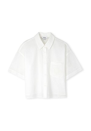 White short-sleeve button-up shirt made of textured fabric featuring a chest pocket with a decorative pattern. Standard collar and relaxed fit.