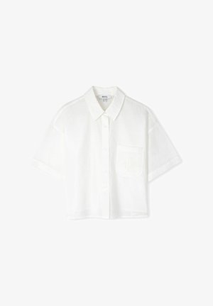 White short-sleeve button-up shirt made of textured fabric featuring a chest pocket with a decorative pattern. Standard collar and relaxed fit.