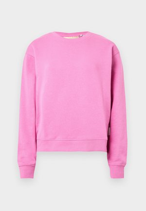 Rosa bomullssweatshirt med rund hals, lange ermer, ribbestrikkede mansjetter og en litt kortere kant nederst. Har en glatt tekstur.