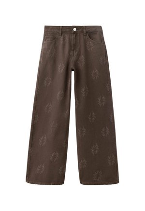 Brown wide-leg pants with subtle leaf patterns, front button, belt loops, and two front pockets.