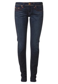 Mörkblå denim skinny jeans med en klassisk design med fem fickor, synliga sömnadsdetaljer och en metallknappstängning i midjan.