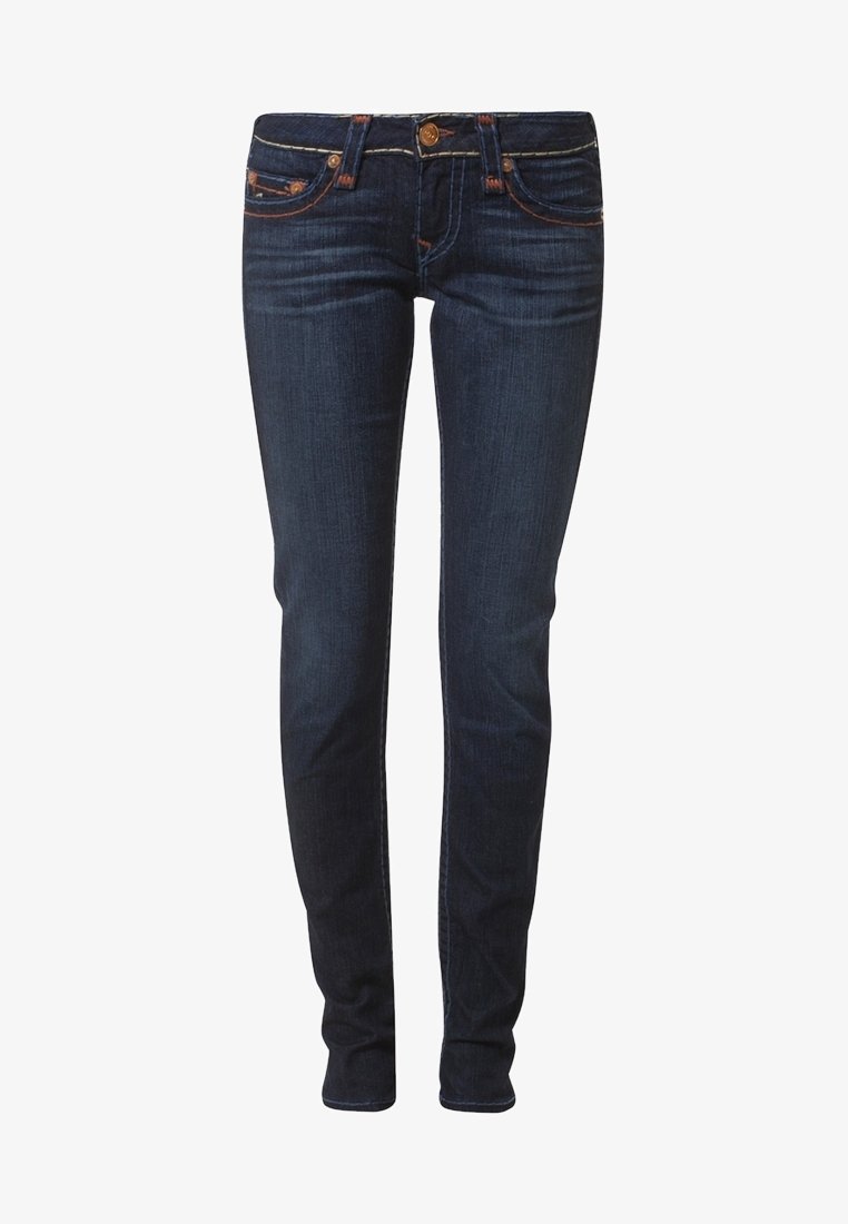 Mörkblå denim skinny jeans med en klassisk design med fem fickor, synliga sömnadsdetaljer och en metallknappstängning i midjan.