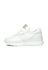 Witte leren sneakers met een gladde afwerking, ronde neus, dunne veters, gewatteerde kraag en een dikke witte zool. Beschikt over een klein logo aan de zijkant.