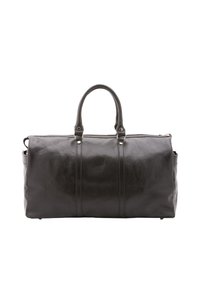 Borsa da viaggio grande in pelle nera con manici doppi e chiusura a zip, mostrata su uno sfondo bianco.